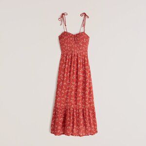 Abercrombie & Fitch Red Floral Smocked Midi Dress